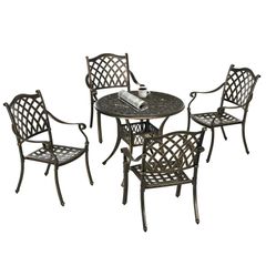 5-Piece Outdoor Furniture Dining Set, Cast Aluminum Conversation Set with 4 Chairs and Round Table with Umbrella Hole for Patio Garden Deck, Bronze Tone