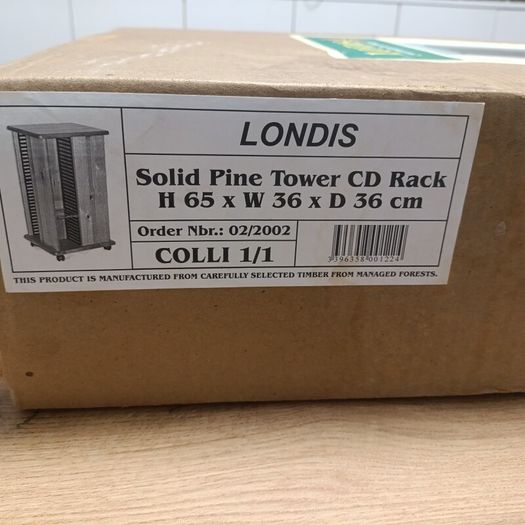 Brand new, unopened Londis solid pine tower CD Rack