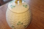 beleek basket weave &amp; shamrock sugar bowl/ jam pot