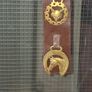 Antique Horse Brass Hanging Strap, Brown Leather Strip Mounted Five Brass Medallions Horse Brasses. Postage Available or Collection Image 4
