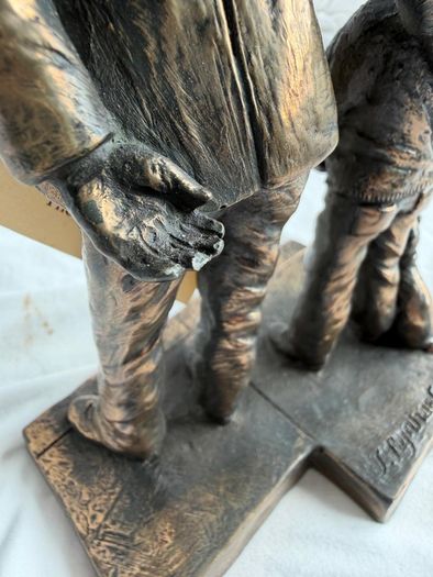 Signed Jeanne Rynhart Bronze Statue - Male Garda and Boy With Tag