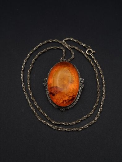 Carved Natural Baltic Amber Patinated Silver Necklace