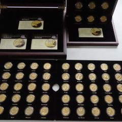 56 x USA State Quarters UNC 2 wood cases - Fifty + Six x 24 Carat Gold Plated