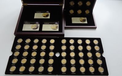 56 x USA State Quarters UNC 2 wood cases - Fifty + Six x 24 Carat Gold Plated