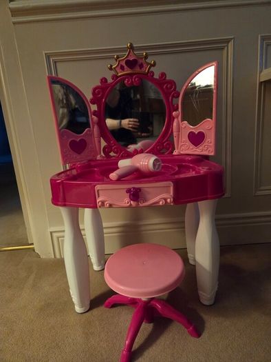 Child's chair, vanity set and barbie sound book