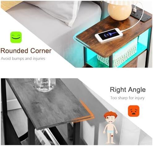 Slim Bedside Table Set of 2 with Charging Station