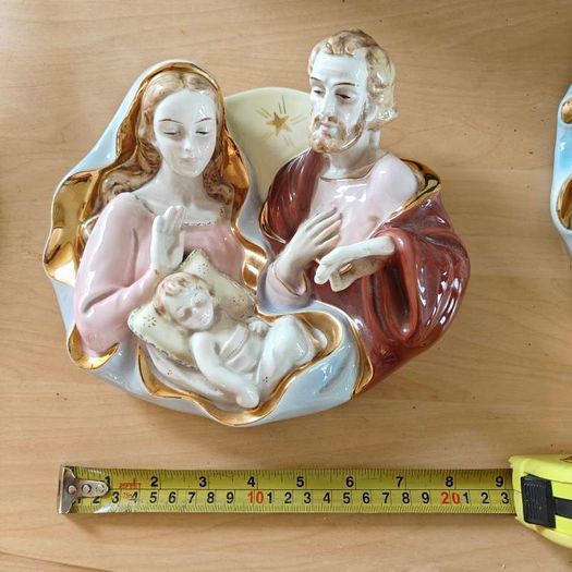 Pair of  glazed, gilt, porcelain Holy Family, infant Jesus Italian wall plaques, devotional item,