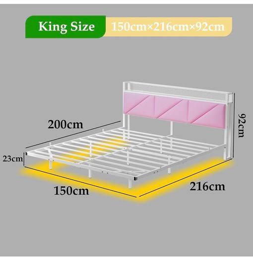 King Size Bed Frame 150x200cm, Floating Upholstered Platform Bed with LED Lights & USB Charging, 5ft Heavy Duty Metal Bed Frame with Headboard Storage, Noise-Free, No Box Spring Needed, Pink