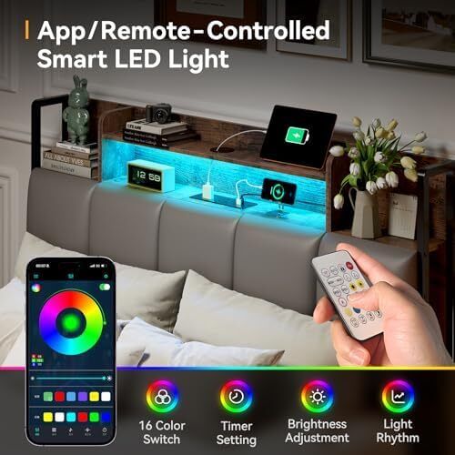 LED Double Bed Frame with Charging Station with Storage Upholstered Headboard 135x190cm