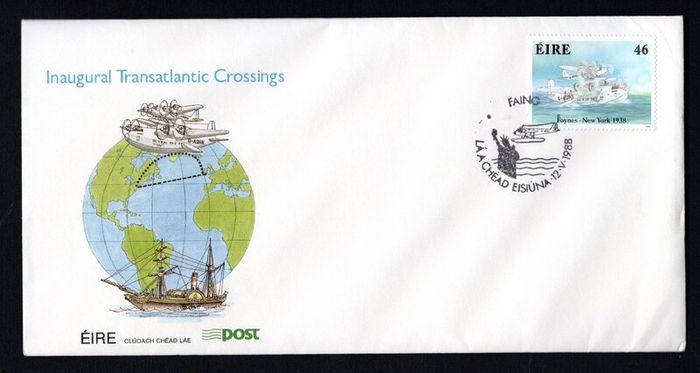 1988 Ireland 50th of 1st Commercial Air Crossing Commemorative Stamp with Foynes (Faines) first day cancellation First Day Cover (FDC).