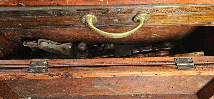 Wooden tool case with tools