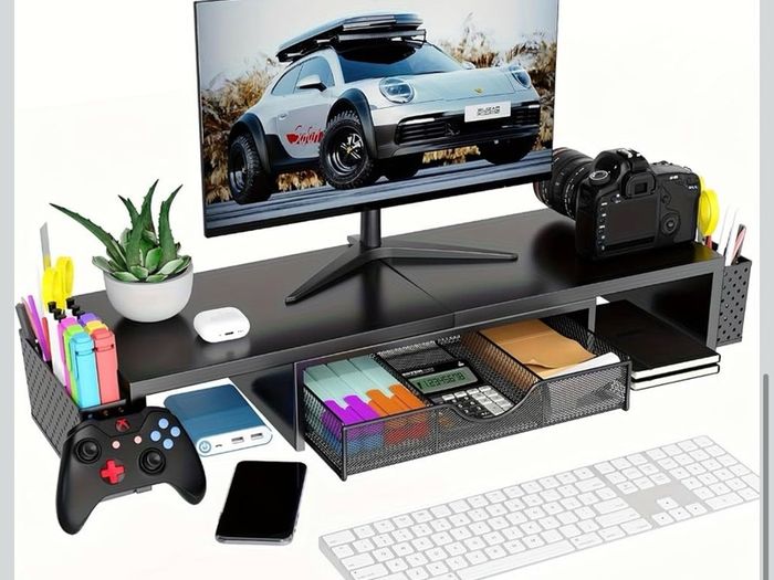 Dual Monitor Stand Riser, Metal Monitor Desk Accessories with Drawer and 2 Pen Holder, Adjustable Length and Angle - Computer Monitor Stand for Screen, Computer, Printer (Metal Black)