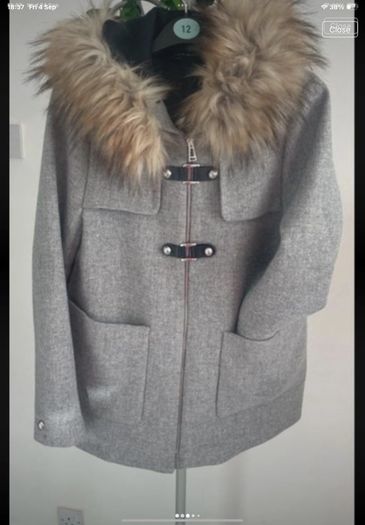 jacket Zara grey wool hooded jacket with fur medium