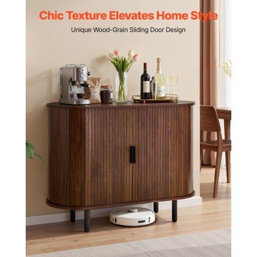 Coffee Bar Cabinet, Mid Century Fluted Coffee Bar Table, Buffet Stand Cabinet with 2 Sliding Doors, Sideboard Buffet Station for Living Room, Entryway, Kitchen, 100 x 40 x 75 cm, Walnut