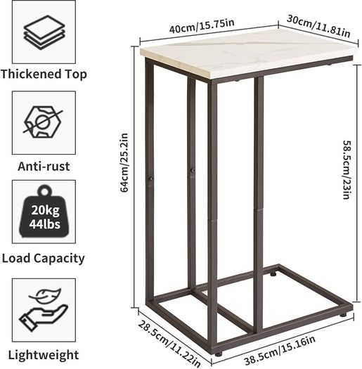 Set of 2 C Shaped End Table for Sofa, Bedside Table, Couch Table with Metal Frame for living Room, Bedroom, Balcony, White Faux Marble and Black Metal Frame