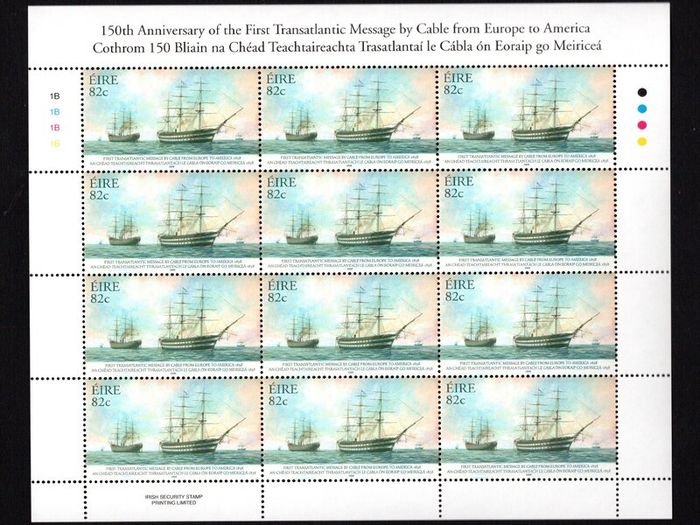 2008 Ireland 150th Anniversary of the First Transatlantic Message by Cable from Europe to America Commemorative Stamps Sheetlet Plate 1B1B1B1B Mint Never Hinged (MNH)