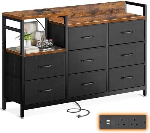 Chest of Drawers Bedroom, Contains 2 USB & 2 AC Ports Sockets, Storage Dresser with 8 Fabric Drawers Suitable for Bedrooms, Living Rooms, Retro Color