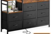 Chest of Drawers Bedroom, Contains 2 USB &amp; 2 AC Ports Sockets, Storage Dresser with 8 Fabric Drawers Suitable for Bedrooms, Living Rooms, Retro Color