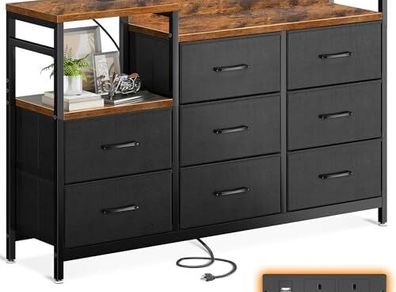 Chest of Drawers Bedroom, Contains 2 USB & 2 AC Ports Sockets, Storage Dresser with 8 Fabric Drawers Suitable for Bedrooms, Living Rooms, Retro Color