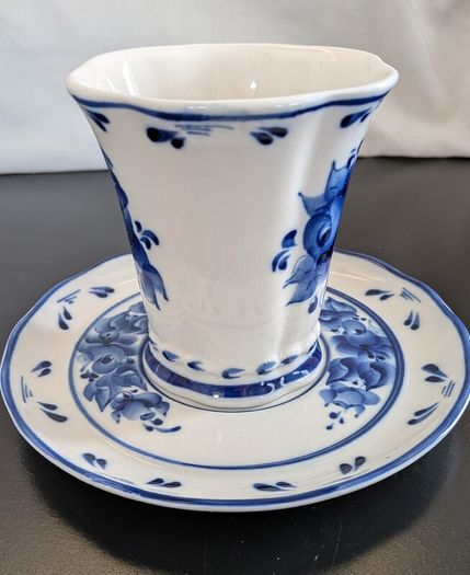 Vintage Russian Gzhel Porcelain Teacup Saucer Katerina Cobalt Blue Stamp