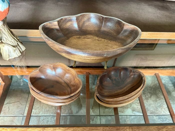 Vintage Carved Acacia Wood Shell Bowl Set 7 Pc Serving Salad Snack Nesting