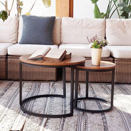 Round Coffee Table, Removable Set of 2 Side Table, Modern Nesting Table with Metal Frame Legs and Wooden Accent Top for Living Room, Bedroom, Office, Balcony, Industrial