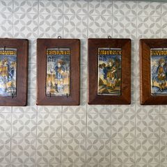 Four vintage hand-painted Castelli ceramic tiles depicting the four seasons (Spring, Summer, Autumn and Winter)
