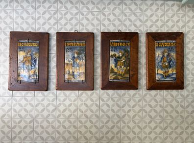 Four vintage hand-painted Castelli ceramic tiles depicting the four seasons (Spring, Summer, Autumn and Winter)