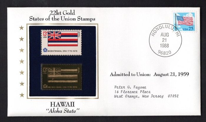 1988 USA Hawaii "Aloha State" 22kt Gold Replica of the 1976 United States Flag Stamps showing 25c US flag definitive tied Honolulu, Hawaii (state capital) illustrated cover.