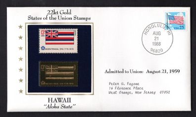 1988 USA Hawaii "Aloha State" 22kt Gold Replica of the 1976 United States Flag Stamps showing 25c US flag definitive tied Honolulu, Hawaii (state capital) illustrated cover.