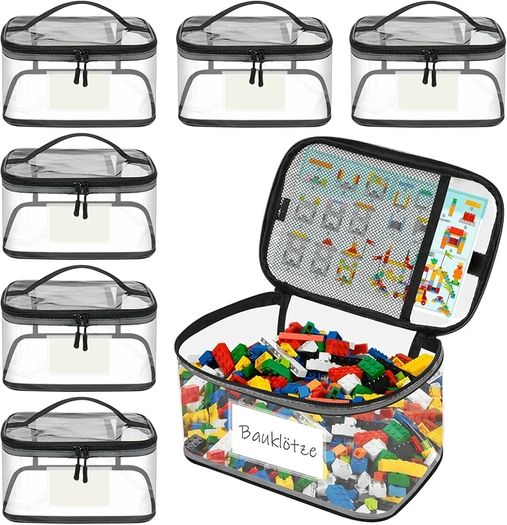 6 Pack Clear Toy Storage Bags, Storage Bags with Zipper, Clear PVC Toy Kids Organiser for Building Blocks, Puzzles, Clay, Small Models, Board Games, Books (6 Pack-L)