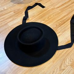 Black Wide Brim Hat with Ribbon Tie Classic Costume vintage Style