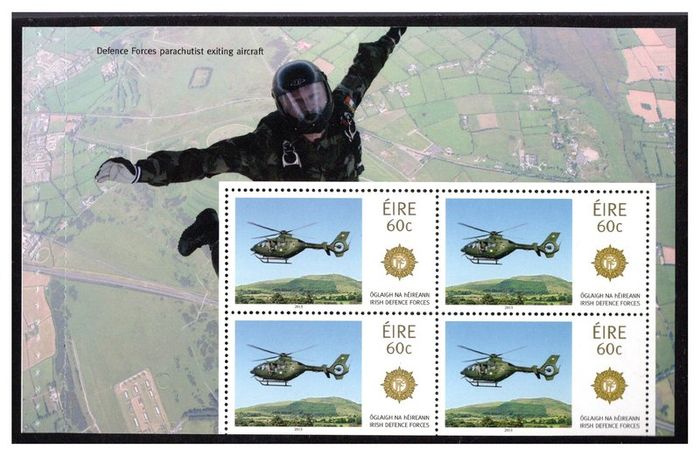 2013 Ireland Irish Defence Forces Commemorative Stamp Booklet Pane featuring Parachutist & Helicopter Stamps Mint Never Hinged (MNH). Hibernian HP226