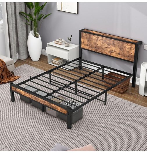 Double Bed Frame with Wooden Storage Shelf Headboard,No Box Spring Needed Metal Platform Bed Frame Double ,Noise Free,Reinforced Strong Support Leg,Textured Black&Brown Oak