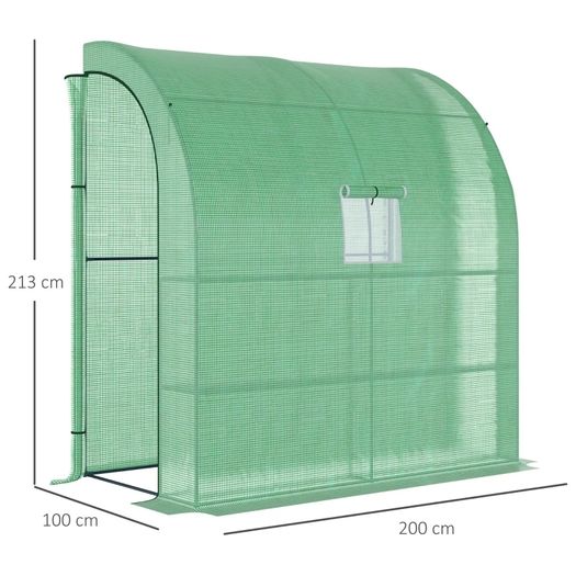 Lean to Wall Greenhouse with 2 Tiers 4 Wired Shelves, Walk-In Plant Shelter with Mesh Windows and Doors, 200L x 100W x 215Hcm, Green