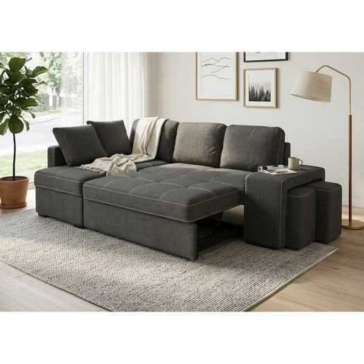 STACY Dark Grey Sofa Bed with Storage + 2 Poufs