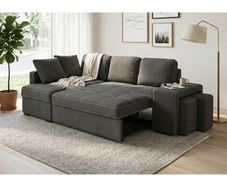 STACY Dark Grey Sofa Bed with Storage + 2 Poufs