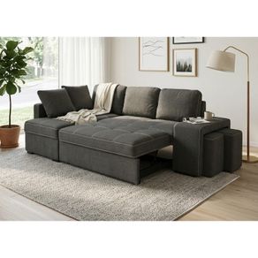STACY Dark Grey Sofa Bed with Storage + 2 Poufs