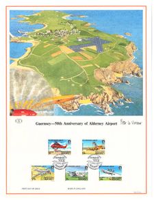 1985 Alderney Limited Edition Lithographed Print measuring 333mm X257 mm showing Alderney  50th Anniversary of Alderney Airport Commemorative stamps with First Day of Issue Cancel