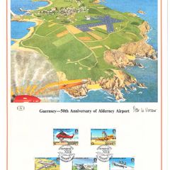 1985 Alderney Limited Edition Lithographed Print measuring 333mm X257 mm showing Alderney  50th Anniversary of Alderney Airport Commemorative stamps with First Day of Issue Cancel