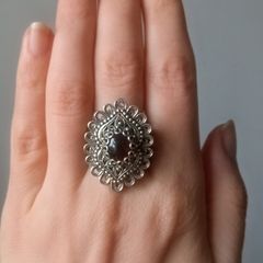 Vintage DGS Turkey 925 sterling silver filigree garnet cocktail ring