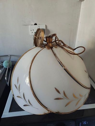 vintage 1970s Hollywood Regency-style milk glass swag lamp with gold leaf detailing