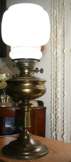 Vintage 1800s Oil Lamp Converted To Electric Oil Gwtw Table Lamp With Milk Glass Shade H-22"