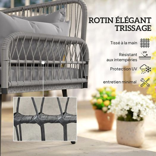 2-Seater Woven Resin Garden Sofa with Cushions and Pillows, Outdoor Sofa with Armrests, Dark Gray