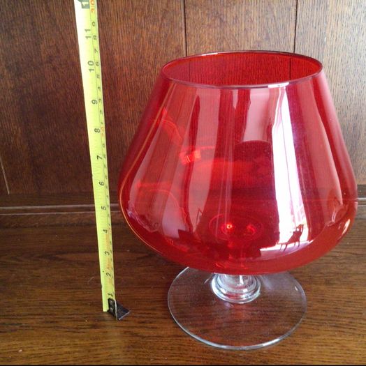 Vintage 1960s Large Red Art  Glass Balloon Brandy Glass Vase with Cat And Mouse