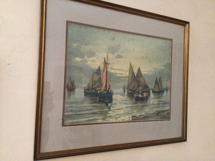 Large vintage picture of boats. Framed with glass