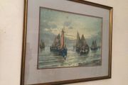 Large vintage picture of boats. Framed with glass
