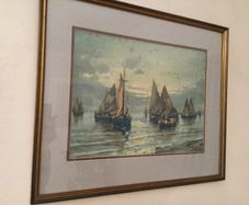 Large vintage picture of boats. Framed with glass