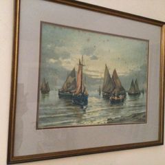 Large vintage picture of boats. Framed with glass