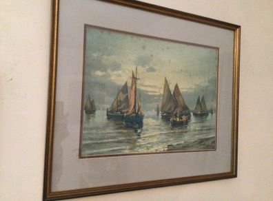 Large vintage picture of boats. Framed with glass